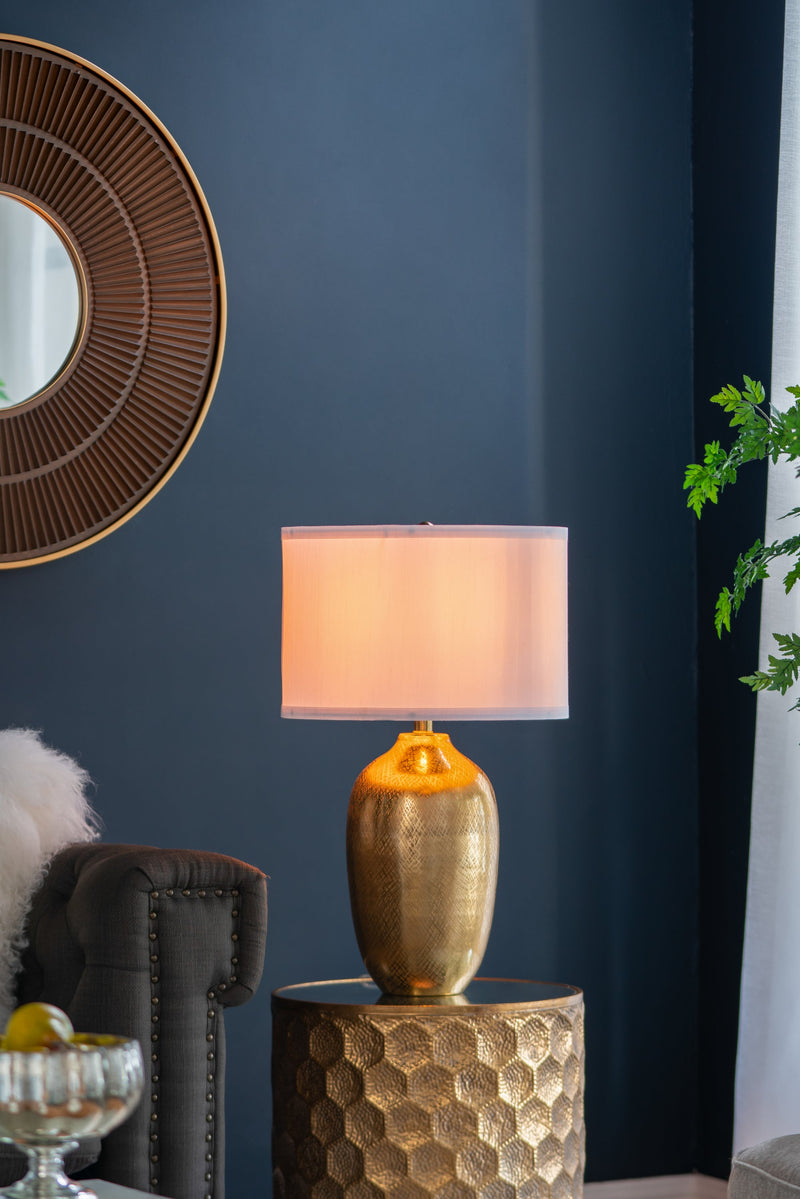 D15x25.7' Round Aluminum Sheet Gold Table Lamp with White Fabric Shade, photo 14 of 16