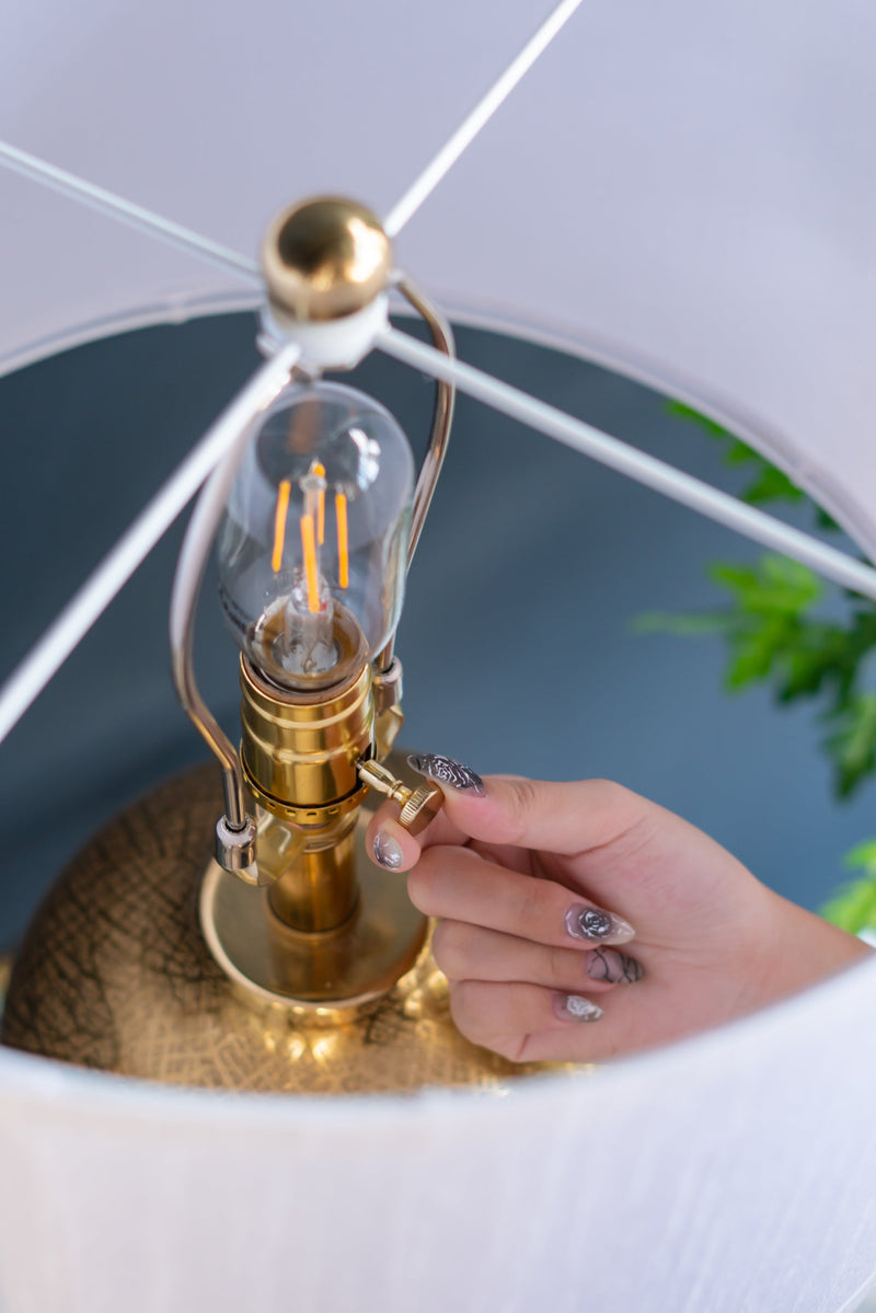D15x25.7' Round Aluminum Sheet Gold Table Lamp with White Fabric Shade, photo 16 of 16