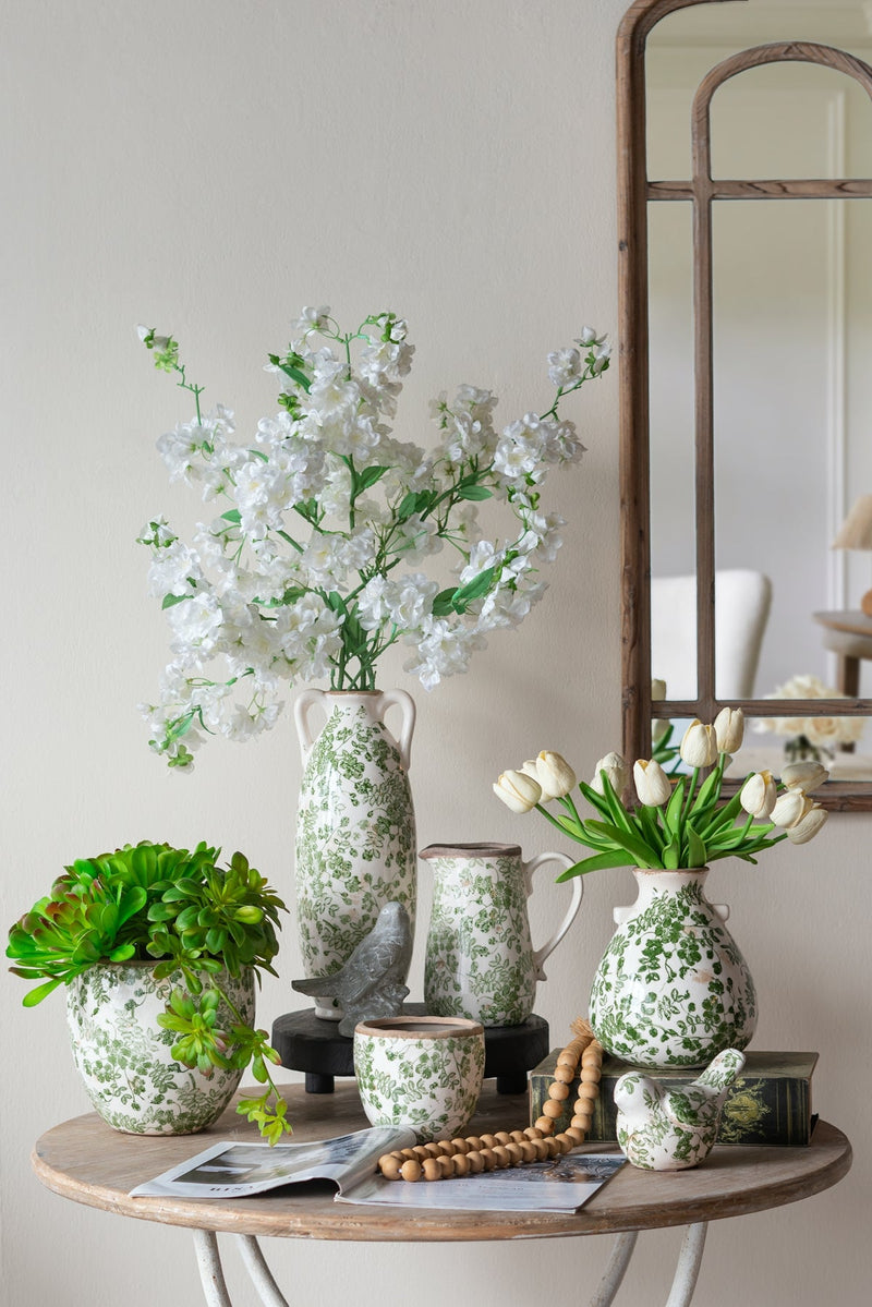 Round Ceramic Accent Vase with Green Floral Motifs, 7.5-Inch, photo 7 of 9