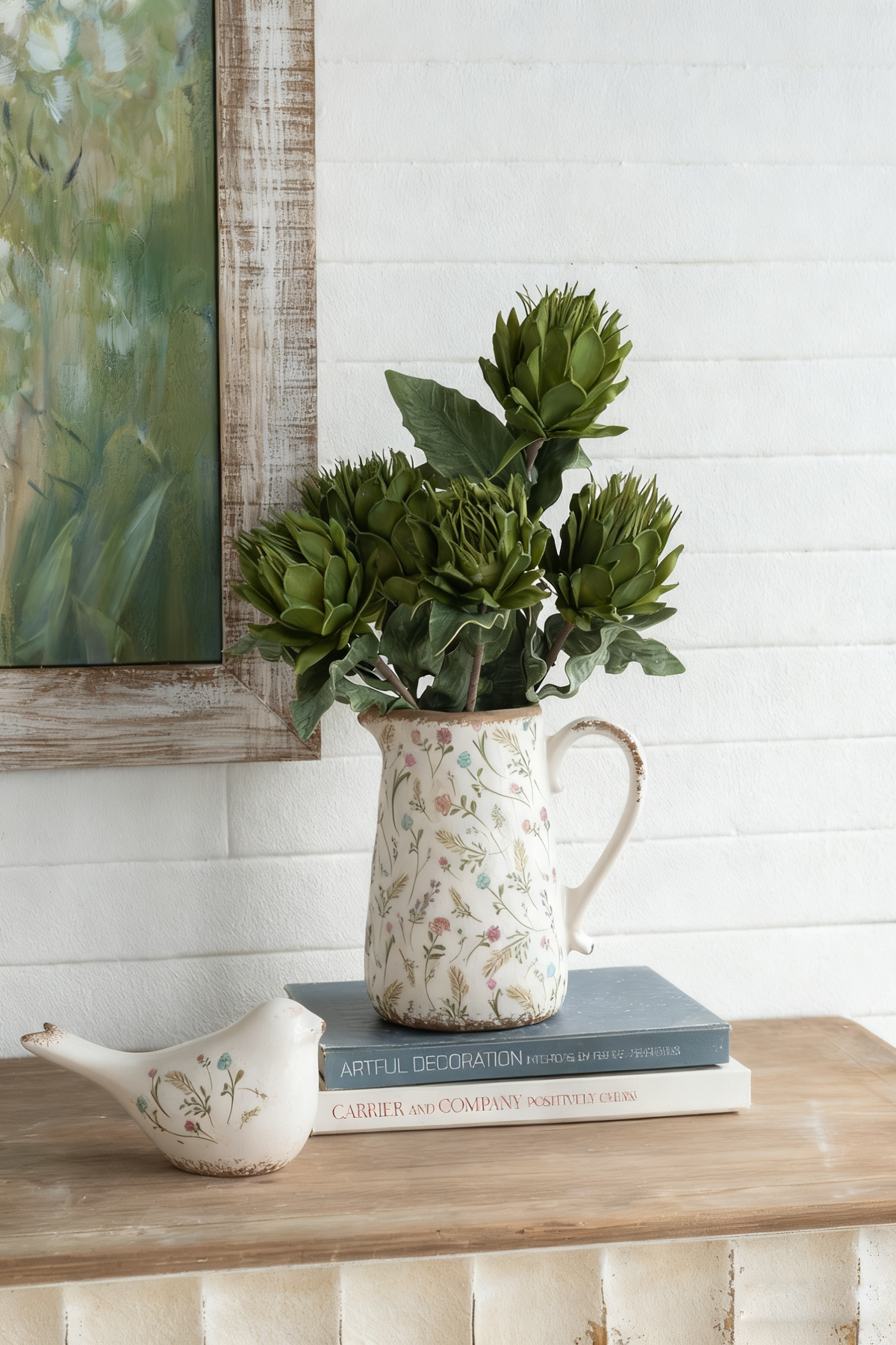Round Ceramic Pitcher Vase, 8.1-Inch, Multi-Colored Floral Motifs, Weathered White