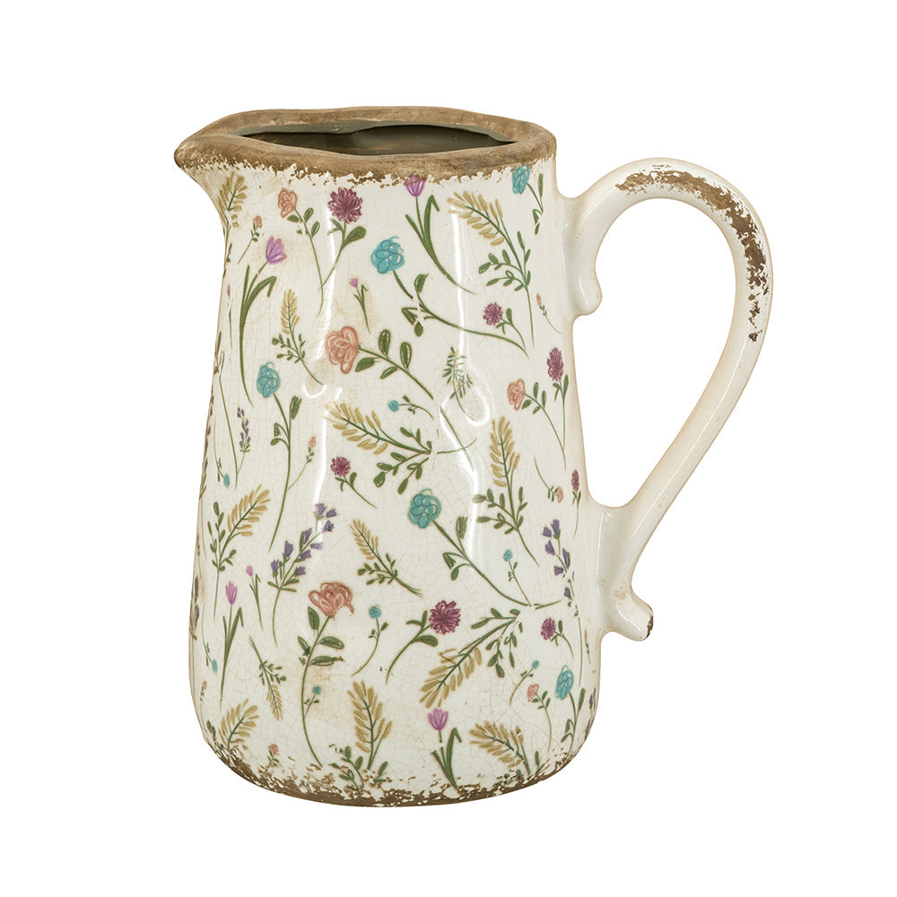 Round Ceramic Pitcher Vase, 8.1-Inch, Multi-Colored Floral Motifs, Weathered White, photo 2 of 9
