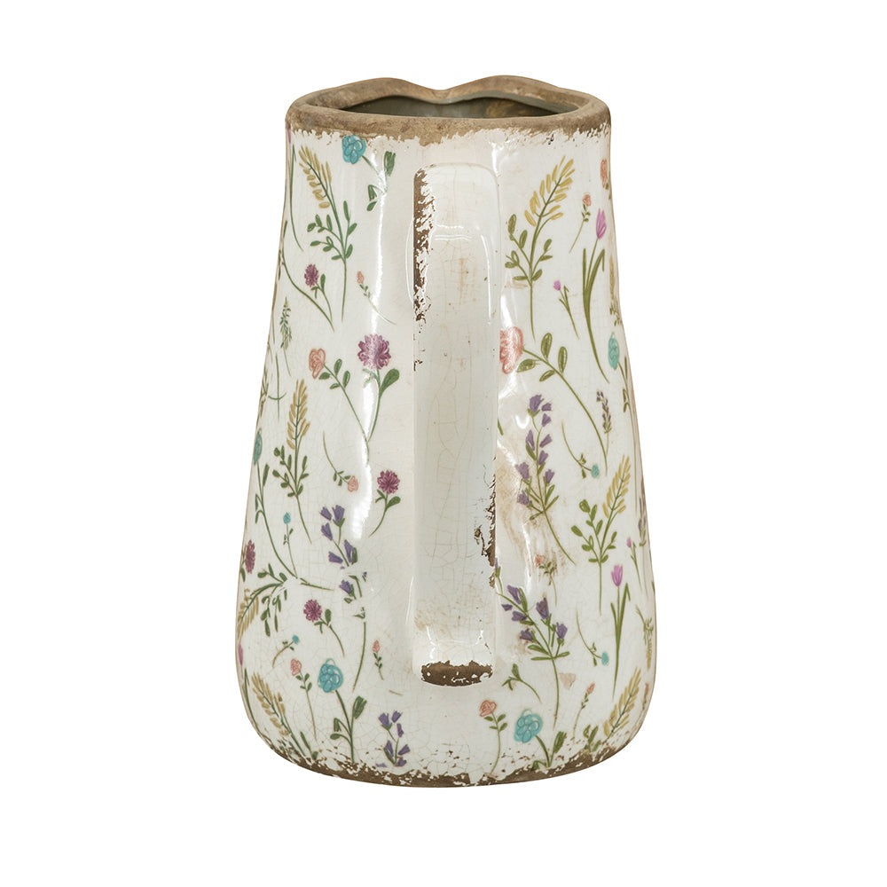Round Ceramic Pitcher Vase, 8.1-Inch, Multi-Colored Floral Motifs, Weathered White, photo 4 of 9