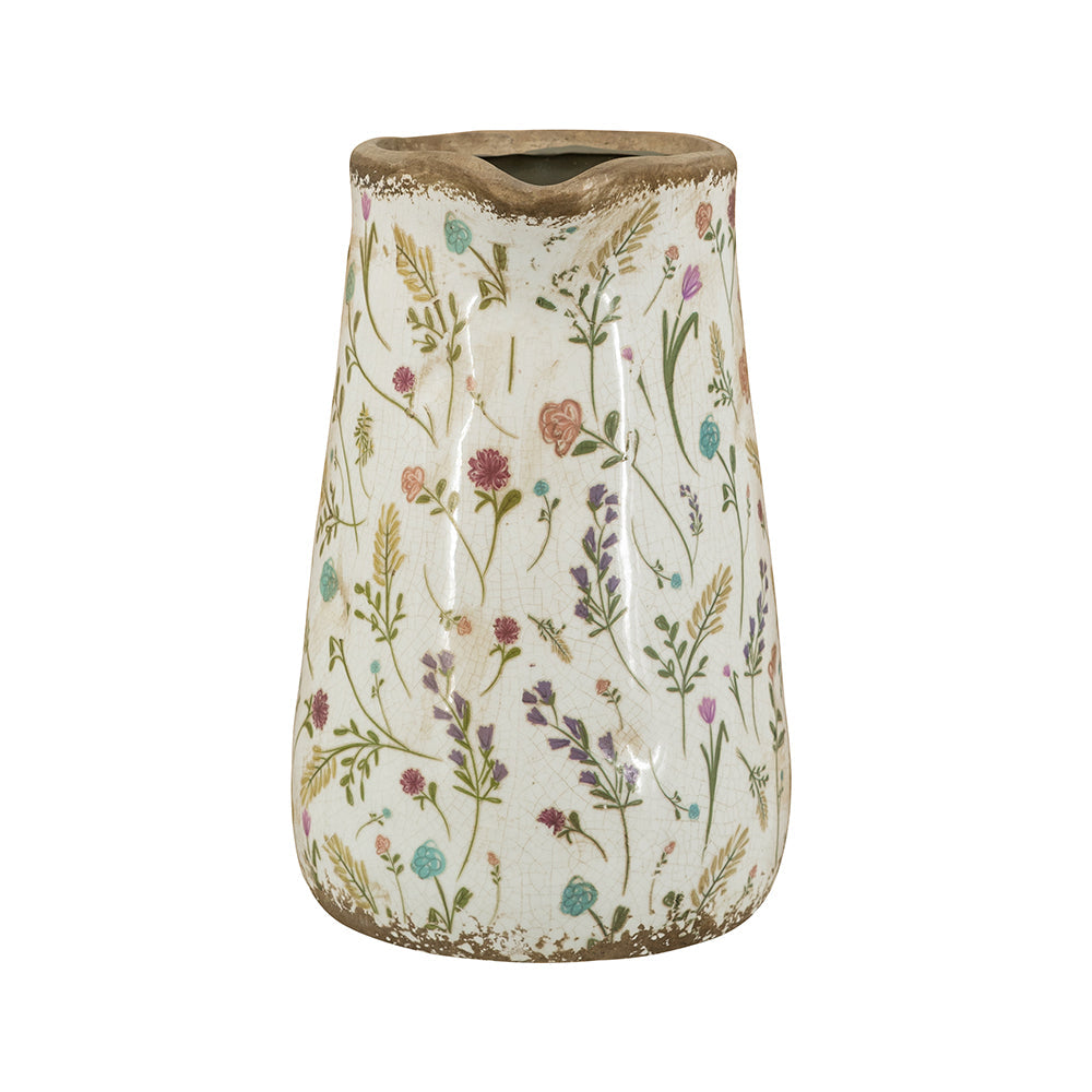Round Ceramic Pitcher Vase, 8.1-Inch, Multi-Colored Floral Motifs, Weathered White, photo 5 of 9