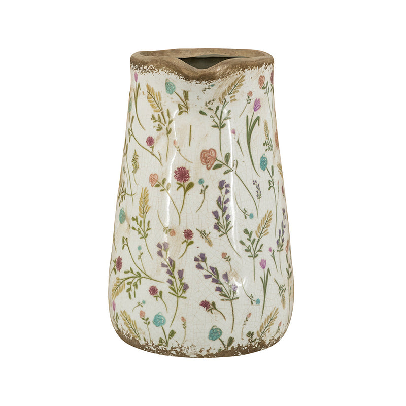 Round Ceramic Pitcher Vase, 8.1-Inch, Multi-Colored Floral Motifs, Weathered White, photo 5 of 9