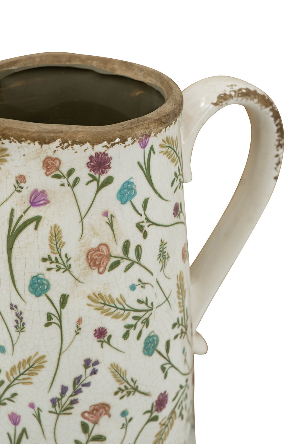 Round Ceramic Pitcher Vase, 8.1-Inch, Multi-Colored Floral Motifs, Weathered White, photo 6 of 9
