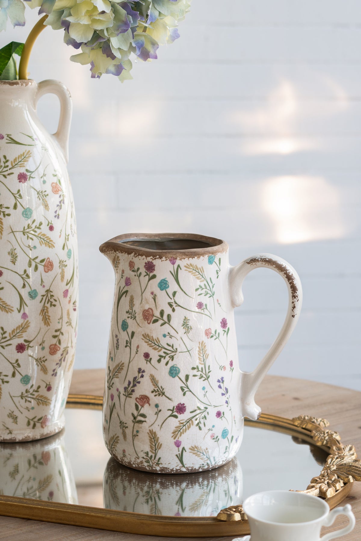 Round Ceramic Pitcher Vase, 8.1-Inch, Multi-Colored Floral Motifs, Weathered White, photo 7 of 9