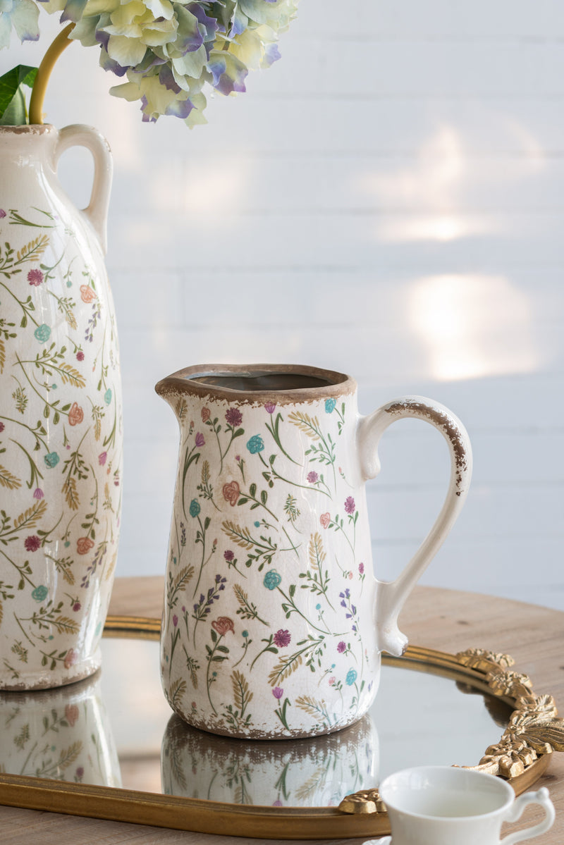 Round Ceramic Pitcher Vase, 8.1-Inch, Multi-Colored Floral Motifs, Weathered White, photo 7 of 9