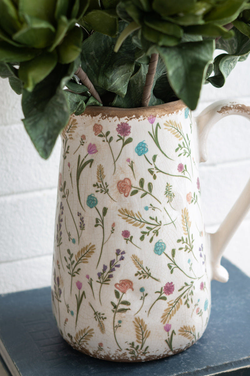 Round Ceramic Pitcher Vase, 8.1-Inch, Multi-Colored Floral Motifs, Weathered White, photo 8 of 9
