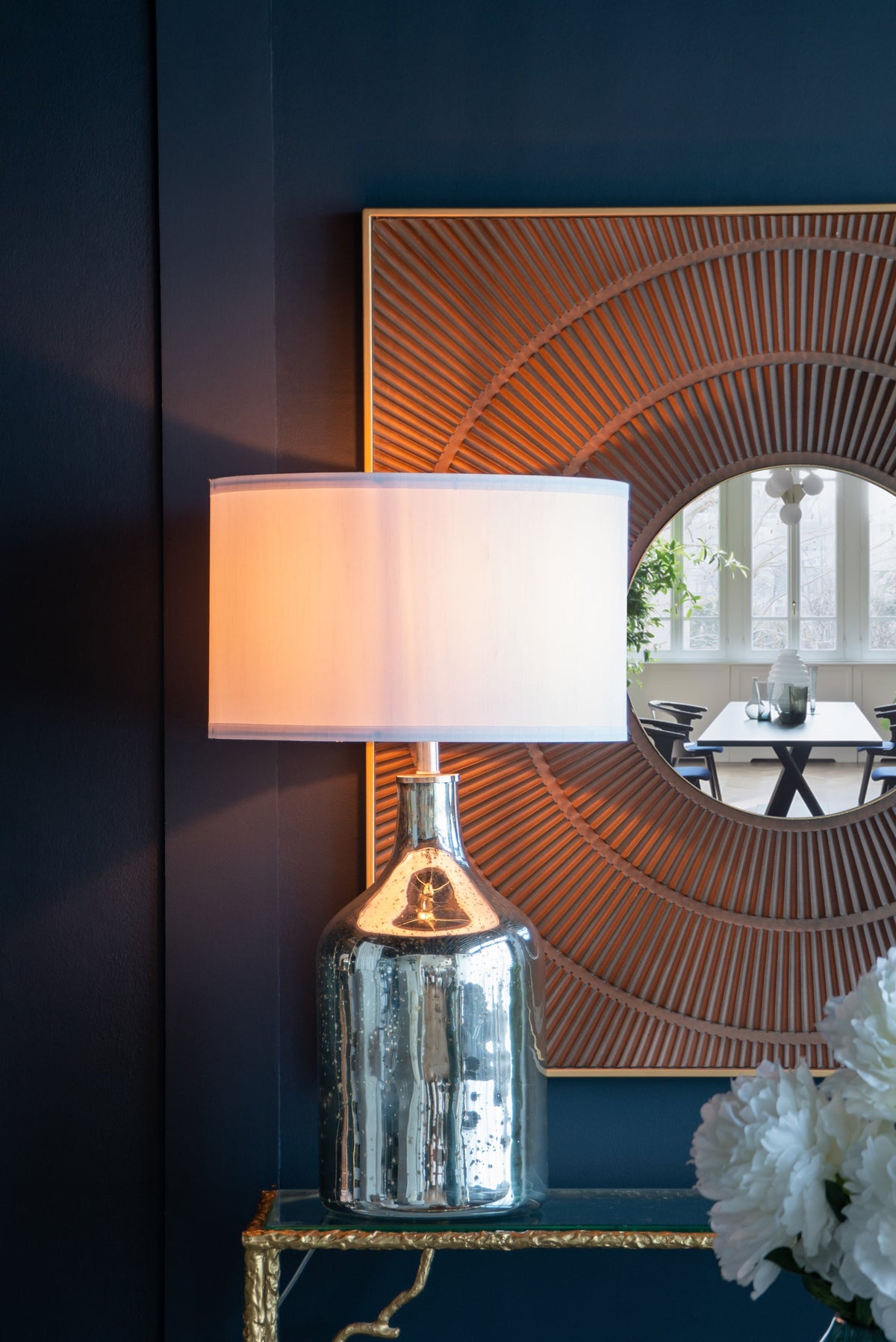 Silver Round Table Lamp with White Fabric Shade, photo 10 of 15
