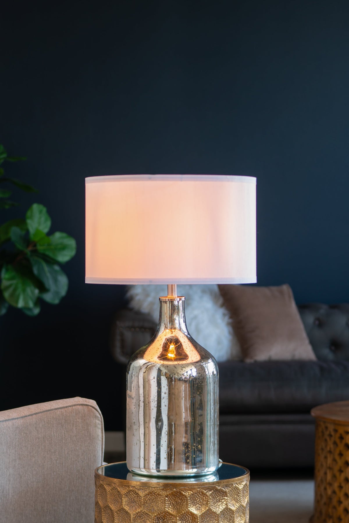 Silver Round Table Lamp with White Fabric Shade, photo 2 of 15