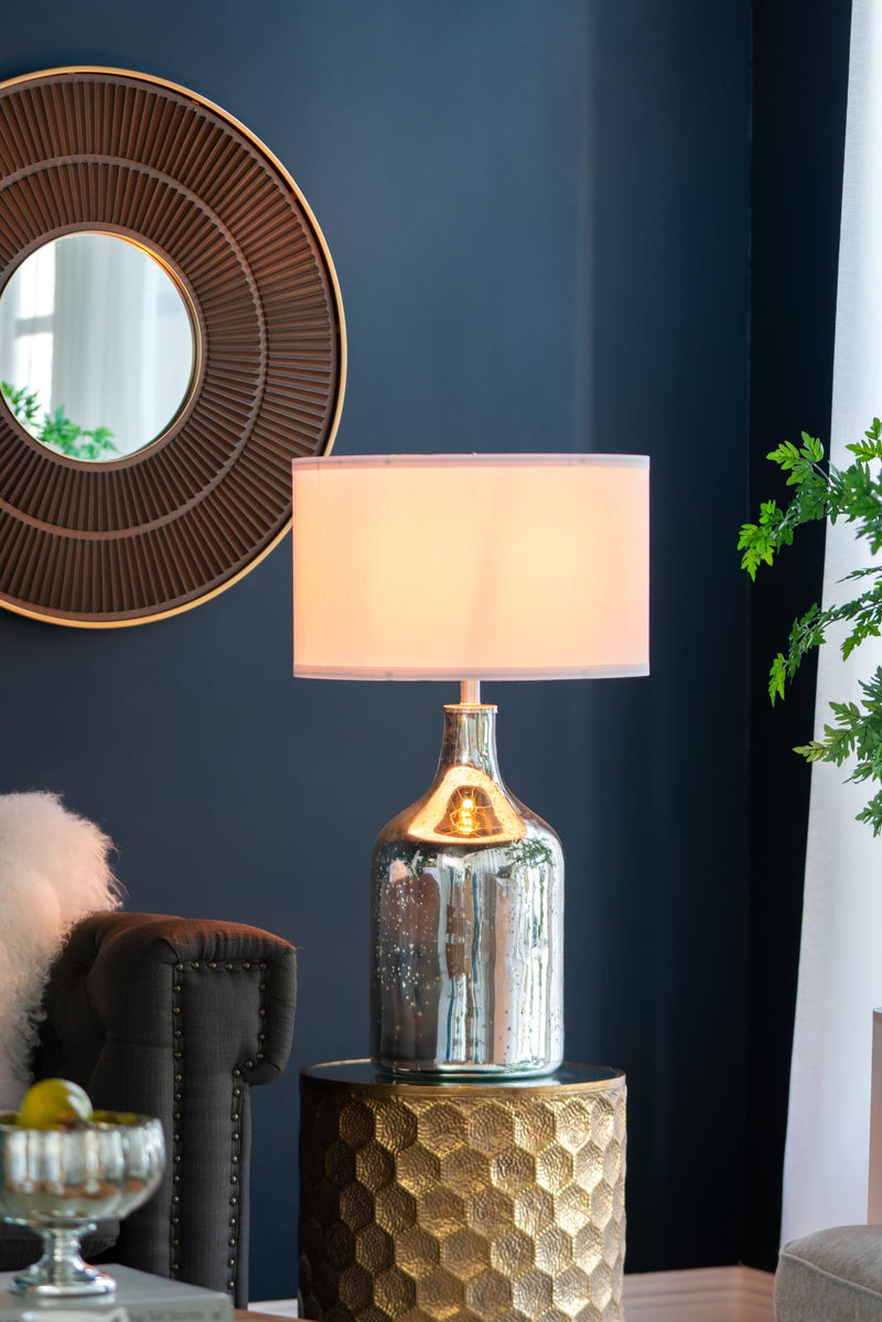 Silver Round Table Lamp with White Fabric Shade, photo 8 of 15