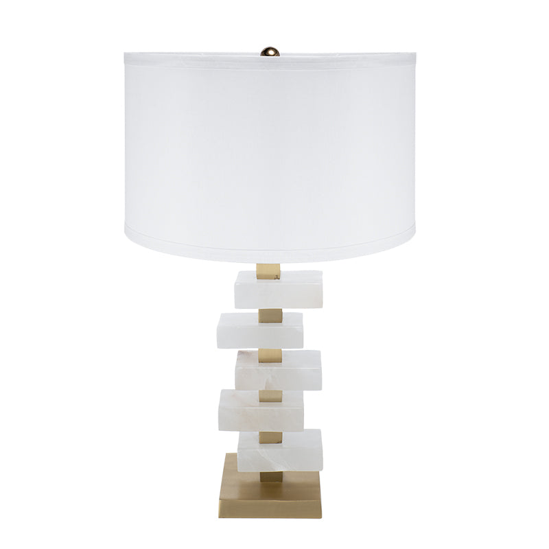 White and Gold Alabaster Table Lamp with Fabric Drum Shade - 15" W x 15" D x 26.7" H