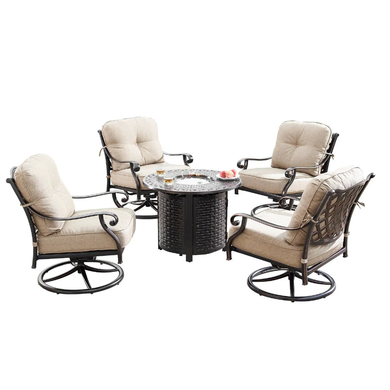 Aluminum 34-in Round Patio Fire Table Set with Swivel Rocking Chairs by Sharicks