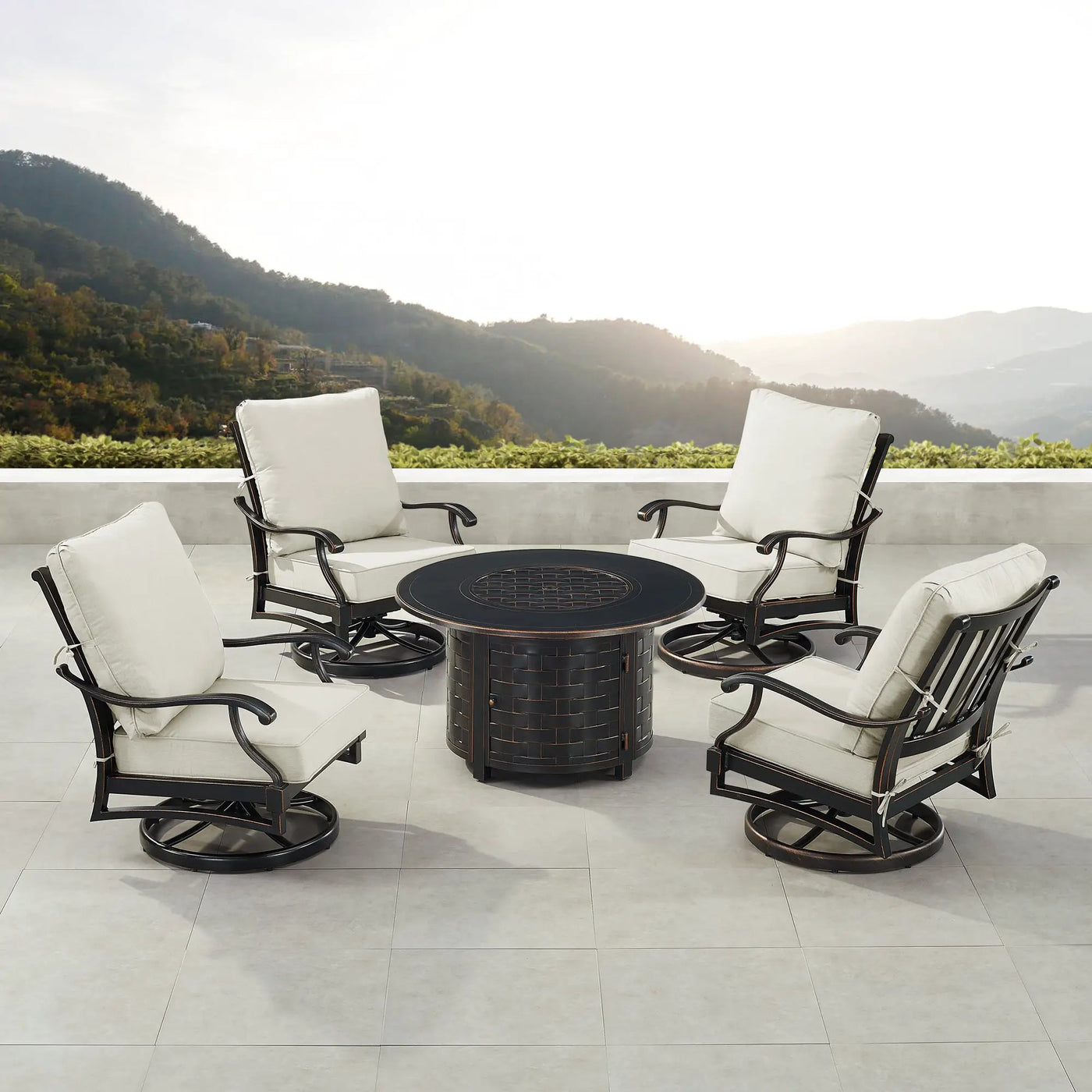Black Aluminum Fire Table Set with Four Club Chairs by Sharicks