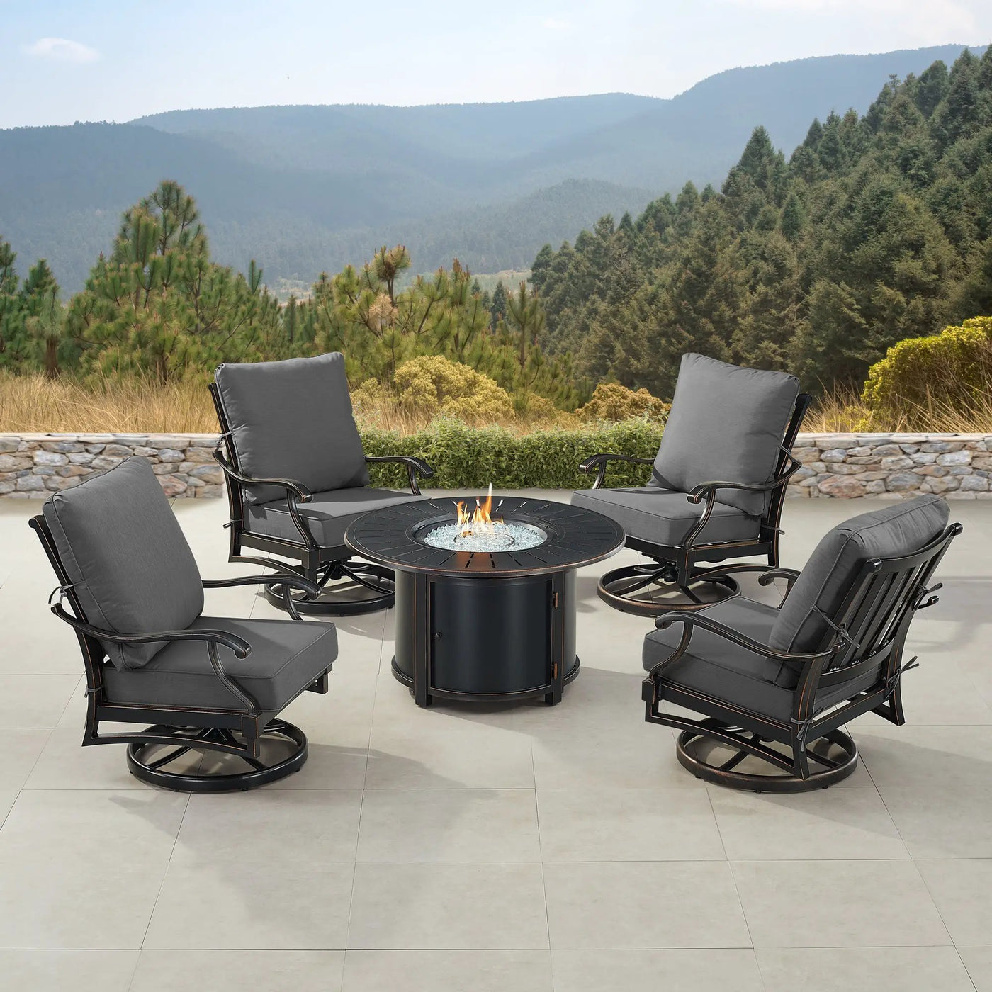 Black Aluminum Fire Table Set with Four Club Chairs by Sharicks