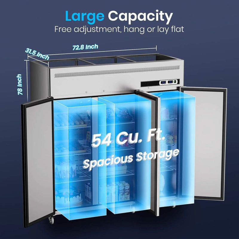 Extra-Large 72-Inch 54 Cu.Ft Commercial 3-Door Upright Reach-In Freezer Refrigerator Combo With Wheels (SAK68325) by SAKSBY WHOLESALE