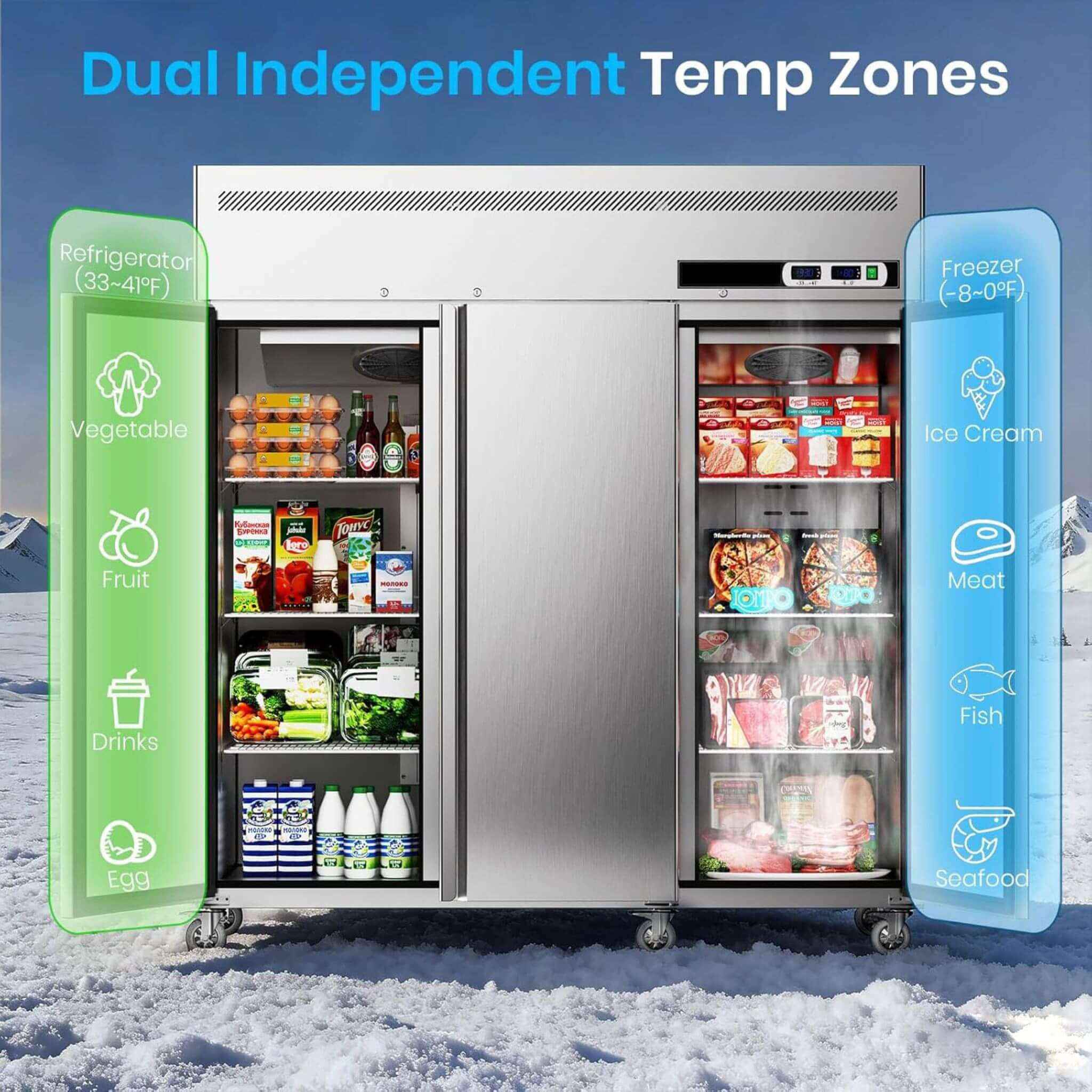 Extra-Large 72-Inch 54 Cu.Ft Commercial 3-Door Upright Reach-In Freezer Refrigerator Combo With Wheels (SAK68325) by SAKSBY WHOLESALE