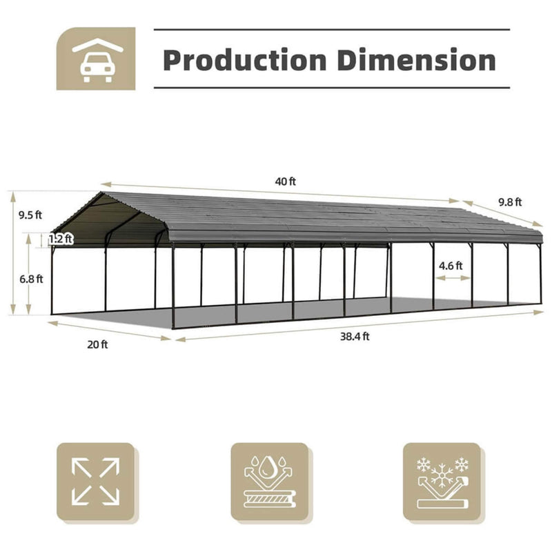 [20X40FT] Extra-Large Heavy-Duty Four Car Outdoor Metal Carport Canopy For Trucks, Boats And SUVs (SAK29713), dimensions drawing