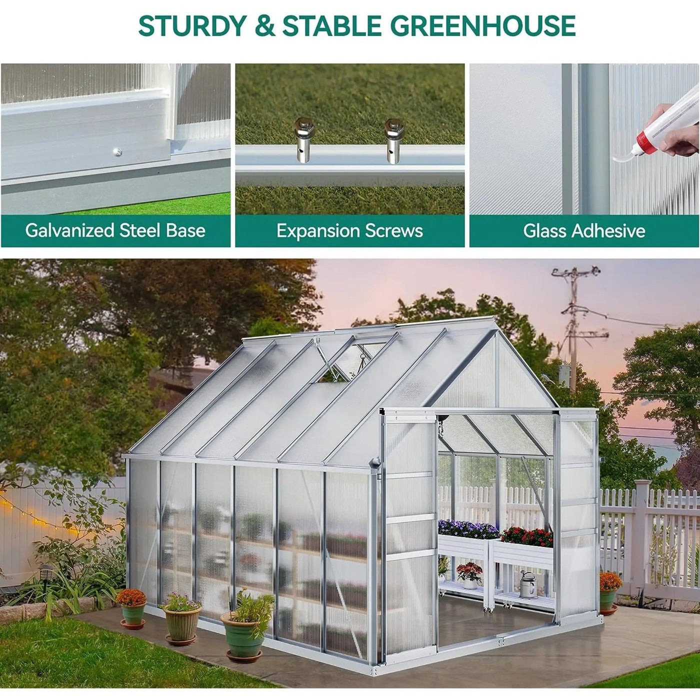 [10X12FT] Extra-Large Heavy-Duty Polycarbonate Aluminum Greenhouse With Sliding Doors And Vents (SAK74183) by SAKSBY WHOLESALE