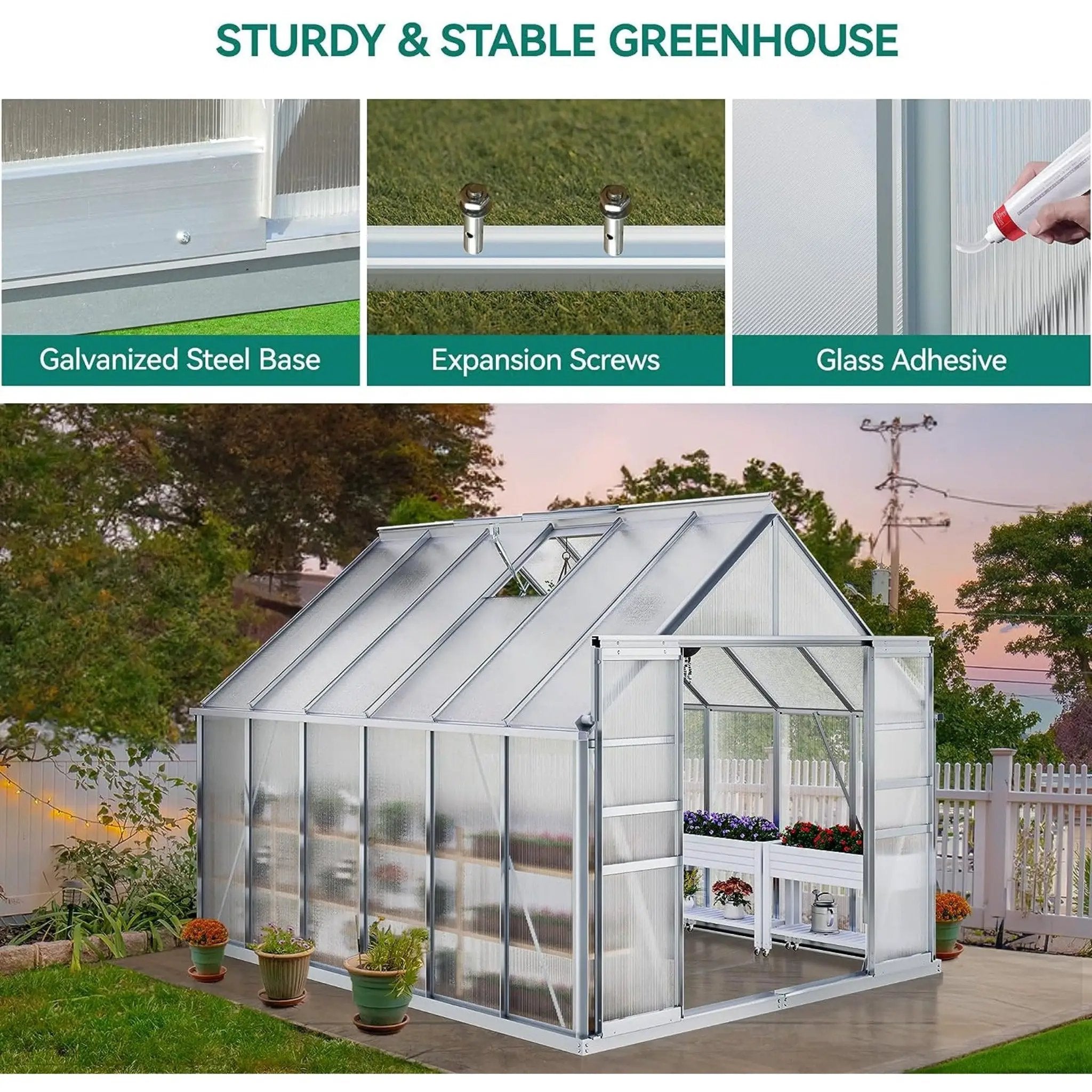 [10X12FT] Extra-Large Heavy-Duty Polycarbonate Aluminum Greenhouse With Sliding Doors And Vents (SAK74183) by SAKSBY WHOLESALE