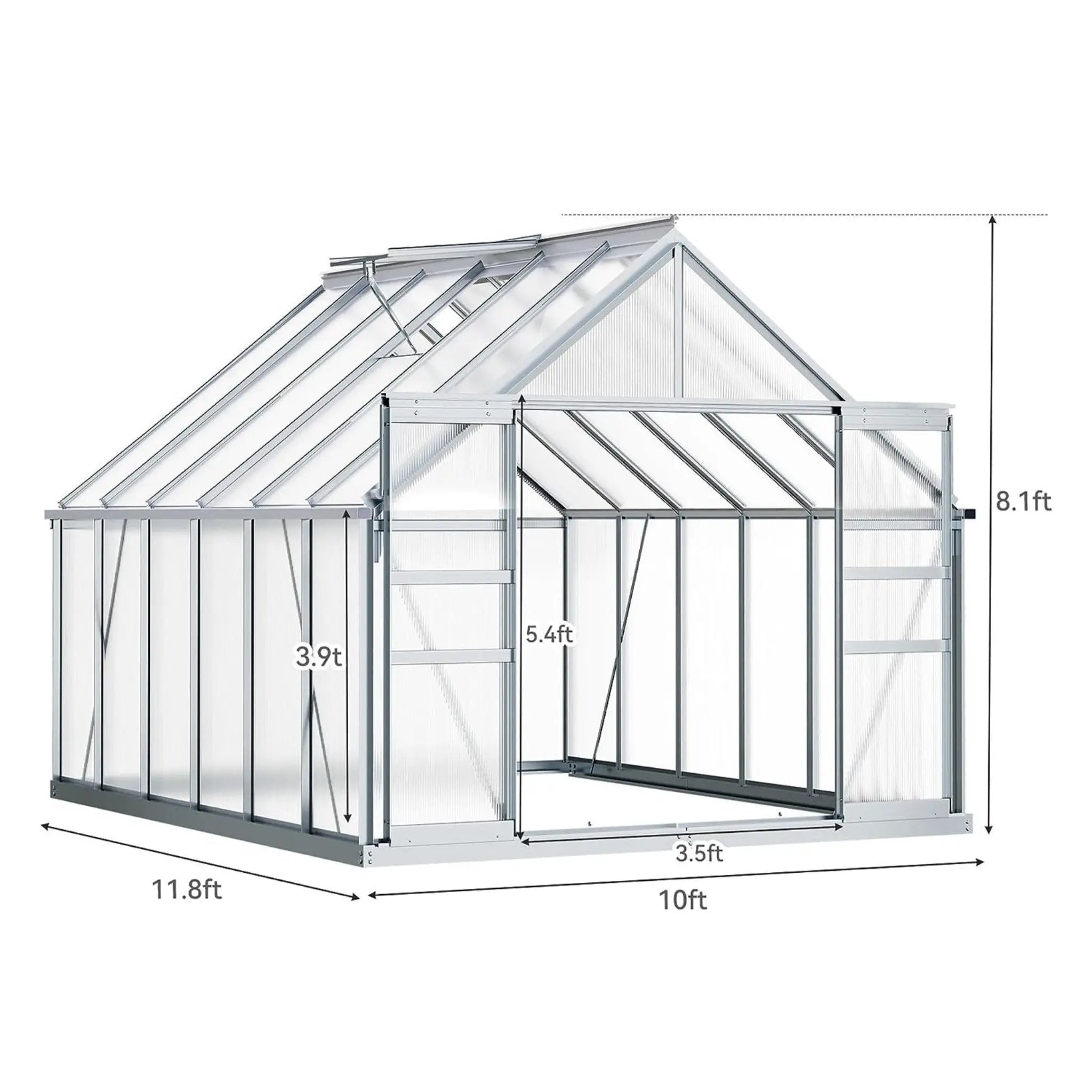 [10X12FT] Extra-Large Heavy-Duty Polycarbonate Aluminum Greenhouse With Sliding Doors And Vents (SAK74183) by SAKSBY WHOLESALE