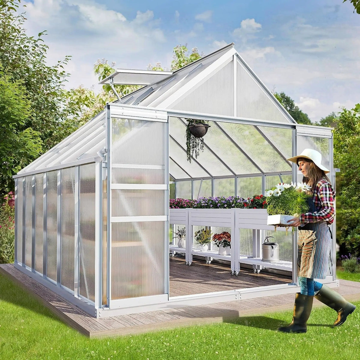 [10X12FT] Extra-Large Heavy-Duty Polycarbonate Aluminum Greenhouse With Sliding Doors And Vents (SAK74183) by SAKSBY WHOLESALE