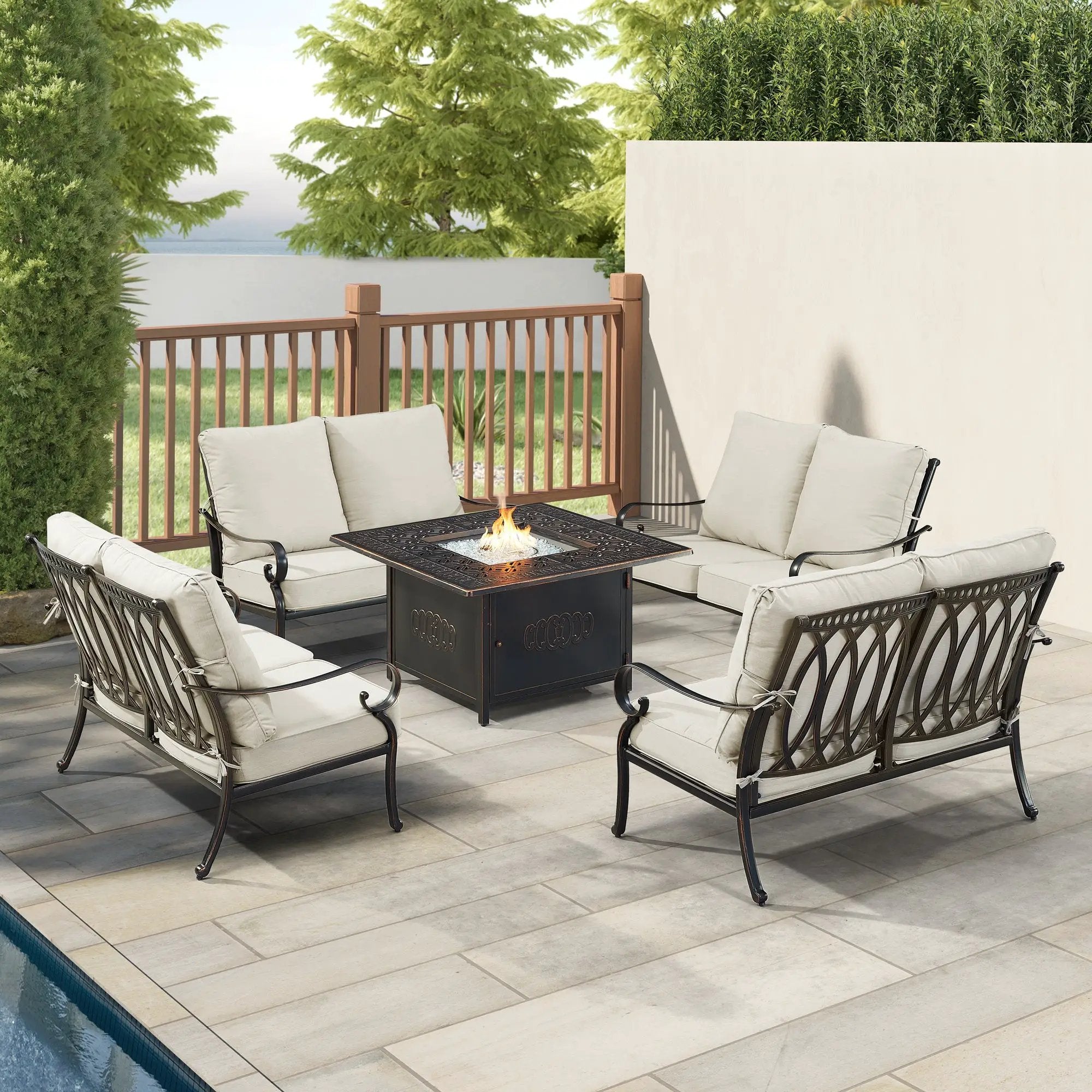 Black Aluminum Fire Table Set with Four Deep Seating Loveseats by Sharicks