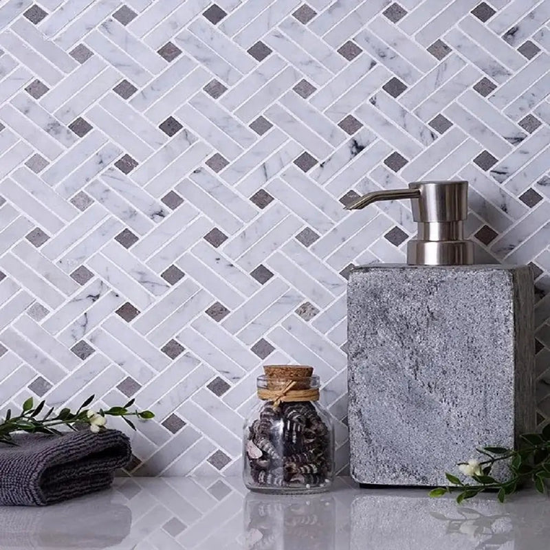 Bianco Carrara, Eastern Beige 11x11 Polished Basketweave Marble Mosaic Tile (5 pack, 4.47 sq ft/case) by Apollo Tile