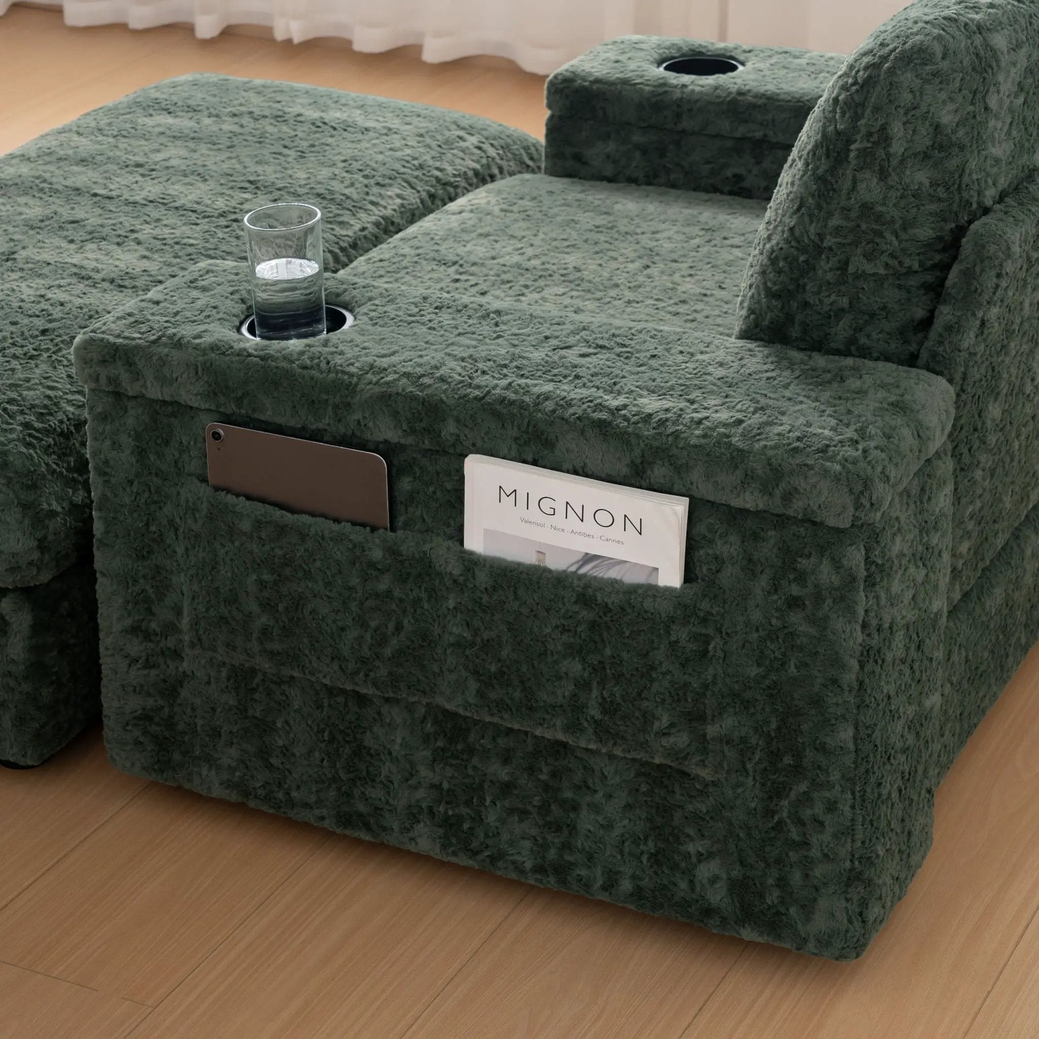 Oversized Chaise Lounge Indoor Rabbit Fur Sofa Bed With Storage Ottoman And Armrests Cup Holders With Deep Seat by HouseOfZazla