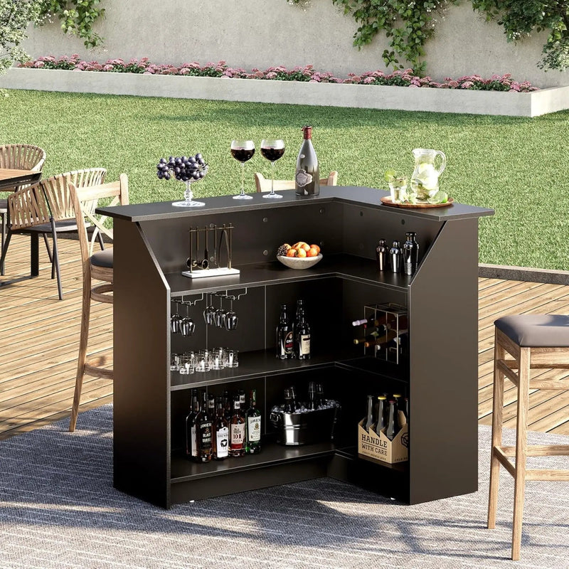 L-Shaped Home Bar Cabinet With Stemware Racks, 4 Tier Corner Unit, Liquor Wine Bar Table & Reception Desk For Home Pub - Black by HouseOfZazla