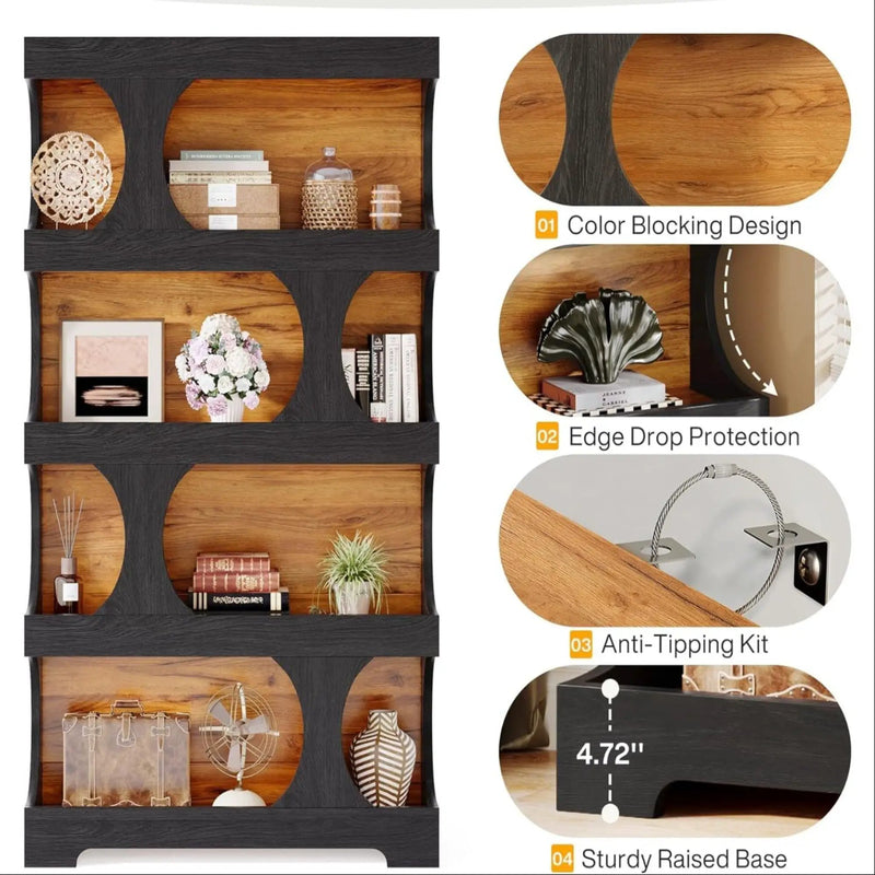 4 Tier S-Shaped Freestanding Storage Shelf For Living Room - Black / Brown by HouseOfZazla