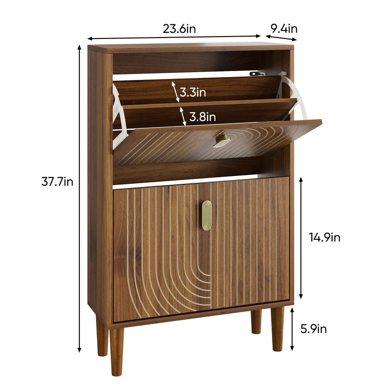 Modern Minimalist Shoe Storage Cabinet With 2 Flip Drawers And Metal Handles - Brown by HouseOfZazla