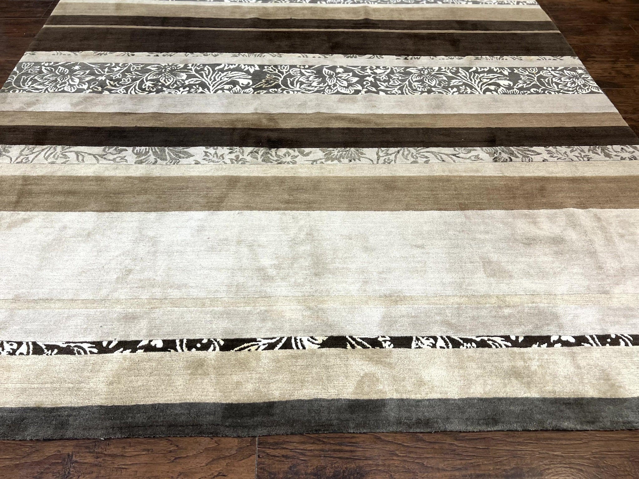 Modern Tibetan Nepali Rug 8x12, Stripe Pattern, Wool with Silk Highlights, Handmade, Beige Tan Brown by Jewel Rugs