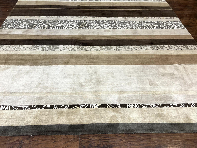 Modern Tibetan Nepali Rug 8x12, Stripe Pattern, Wool with Silk Highlights, Handmade, Beige Tan Brown by Jewel Rugs