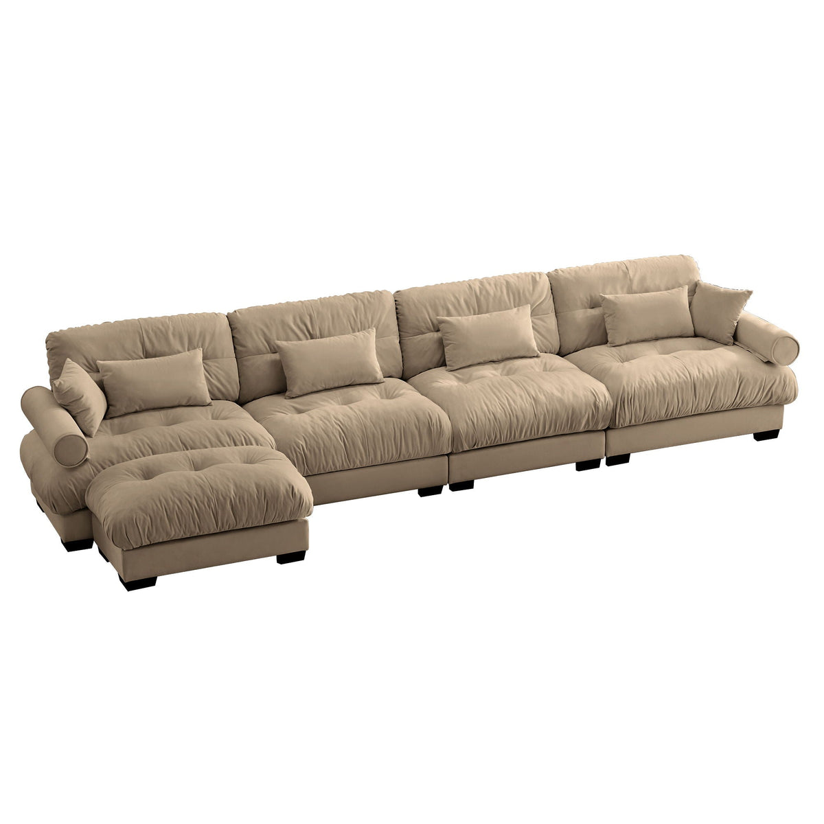 Modern Sectional Sofa With Ottoman, Round Bolster Armrests, Waist And Throw Pillows, photo 34 of 35