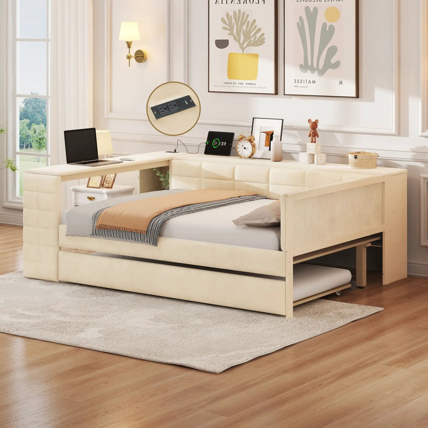Upholstered Platform Bed With Storage Shelves, Desk, Charging Station And Trundle by HouseOfZazla