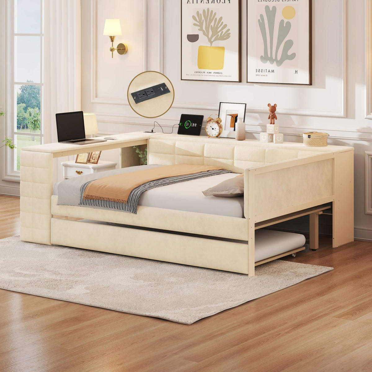 Upholstered Platform Bed with Storage Shelves, Desk, Charging Station and Trundle - Full, photo 29 of 29