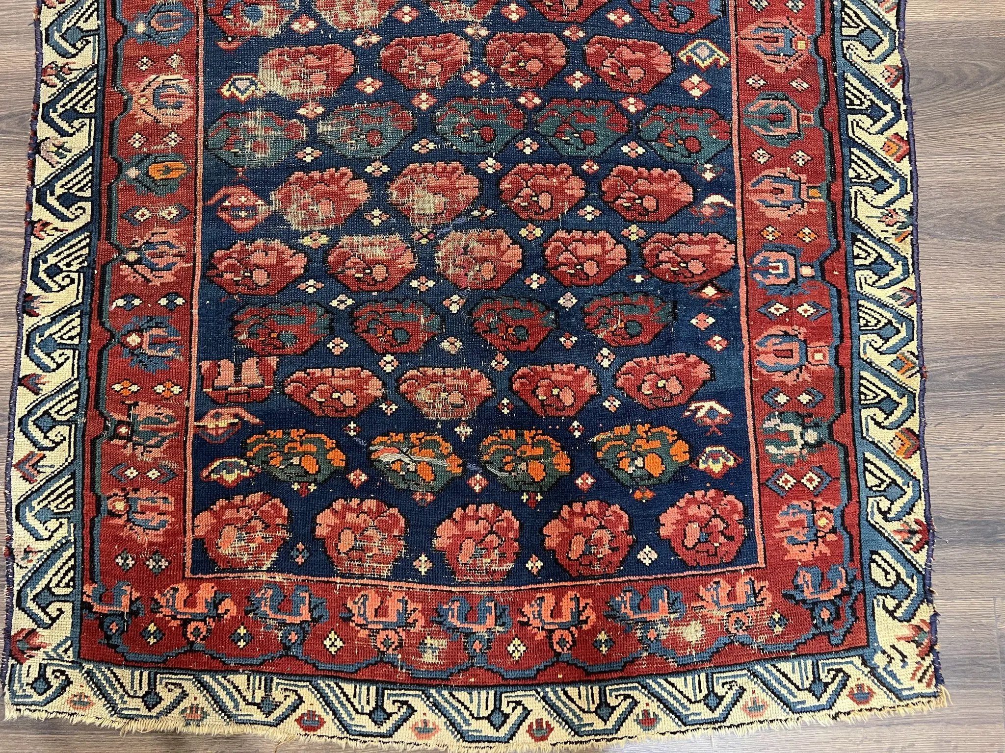 Antique Seychour Rug 4x7, Collectible Kuba Caucasian Carpet, Wool Handmade, Red Navy Blue Cream, Repeated Allover Motif, Early 20th Century by Jewel Rugs