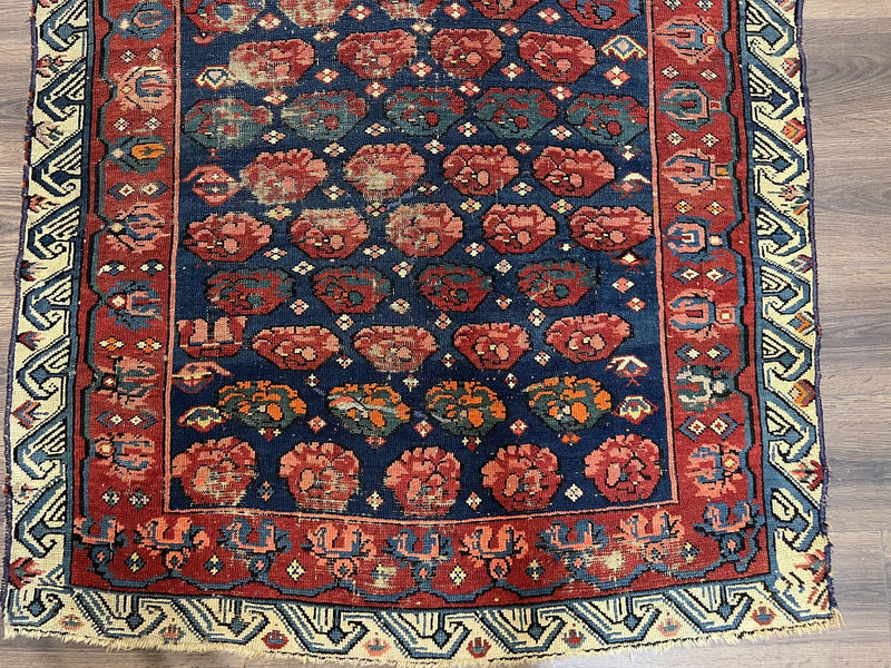 Antique Seychour Rug 4x7, Collectible Kuba Caucasian Carpet, Wool Handmade, Red Navy Blue Cream, Repeated Allover Motif, Early 20th Century by Jewel Rugs