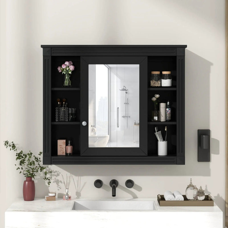 Wall-Mounted Bathroom Storage Cabinet With Mirror, 6 Open Shelves - Black by Unique Piece Furniture