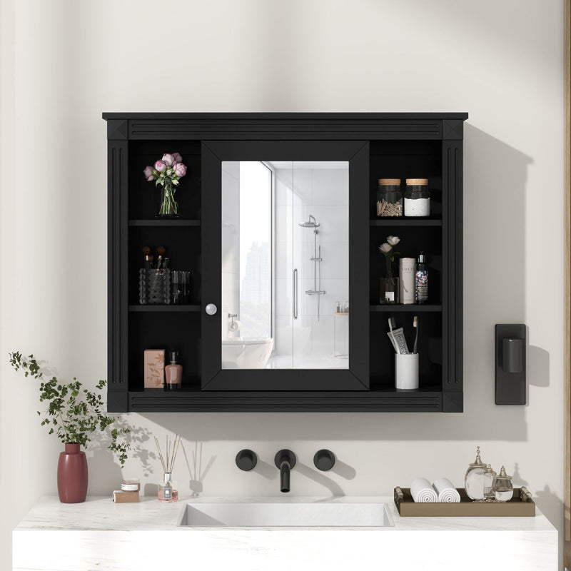 Wall-Mounted Bathroom Storage Cabinet With Mirror, 6 Open Shelves - Black by Unique Piece Furniture