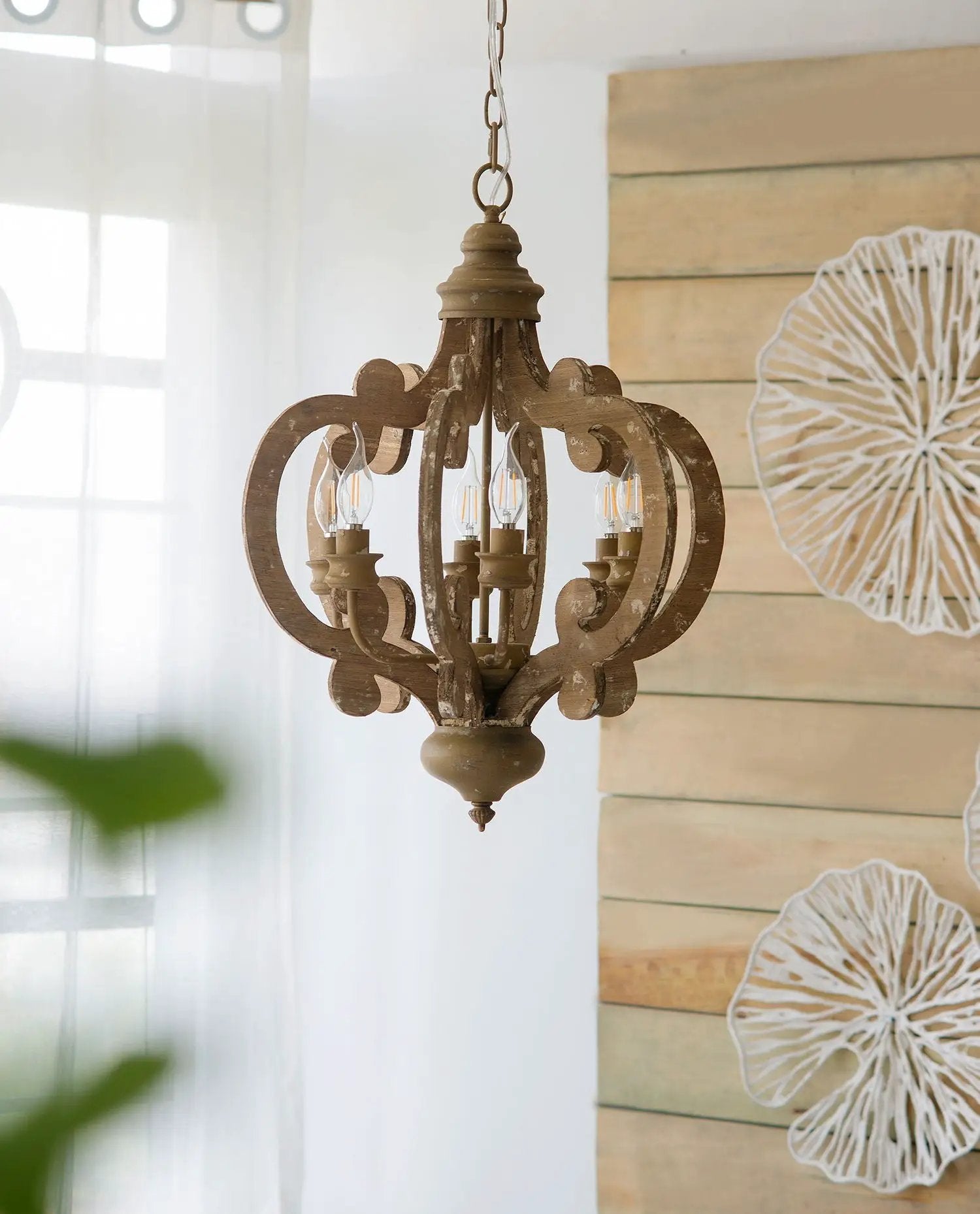 Farmhouse Chandelier, 6 Light Wood Chandelier Pendant Light Fixture With Adjustable Chain For Dining Room Living Room Entryway, Bulb Not Included by HouseOfZazla