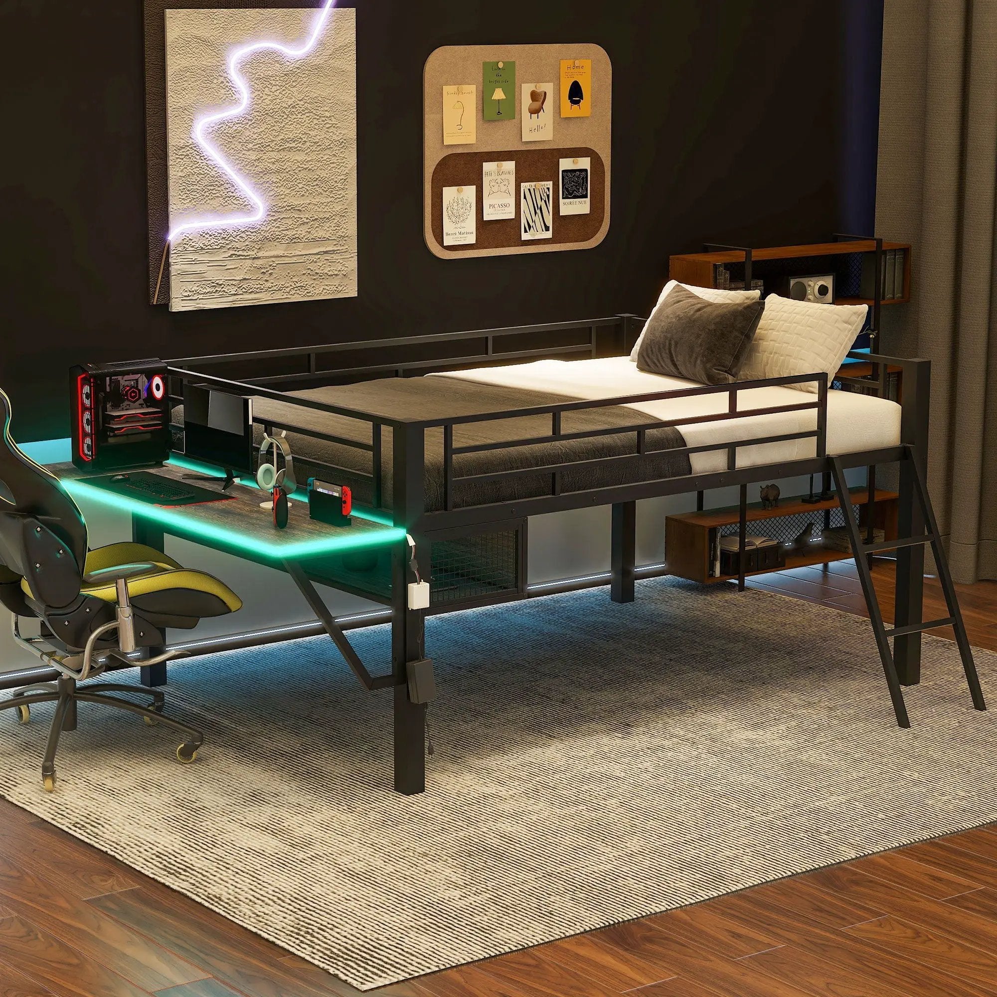 Gaming - Full Size Loft Bed With Desk, LED - Black by HouseOfZazla