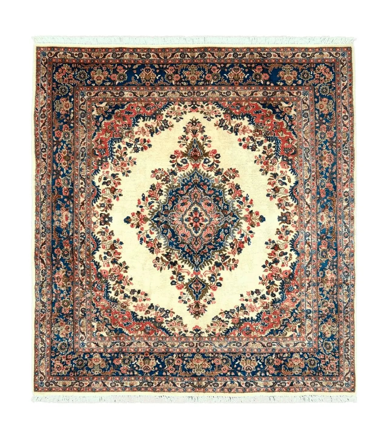 Persian Rug 9x10, Hamadan Rug, Antique Oriental Carpet, Wool Rug, Semi Open Field, Cream and Navy Blue, Kirman Design Hand Knotted Almost Square Rug by Jewel Rugs