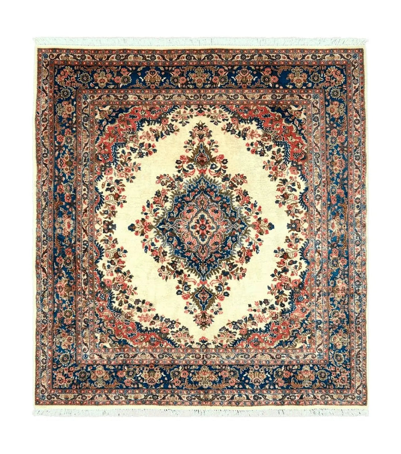 Persian Rug 9x10, Hamadan Rug, Antique Oriental Carpet, Wool Rug, Semi Open Field, Cream and Navy Blue, Kirman Design Hand Knotted Almost Square Rug by Jewel Rugs