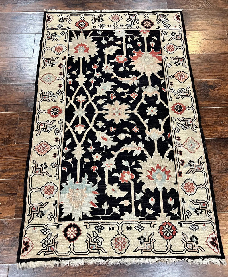 Turkish Flatweave Kilim Rug 3x5, Black, Handmade Vintage Wool Carpet by Jewel Rugs