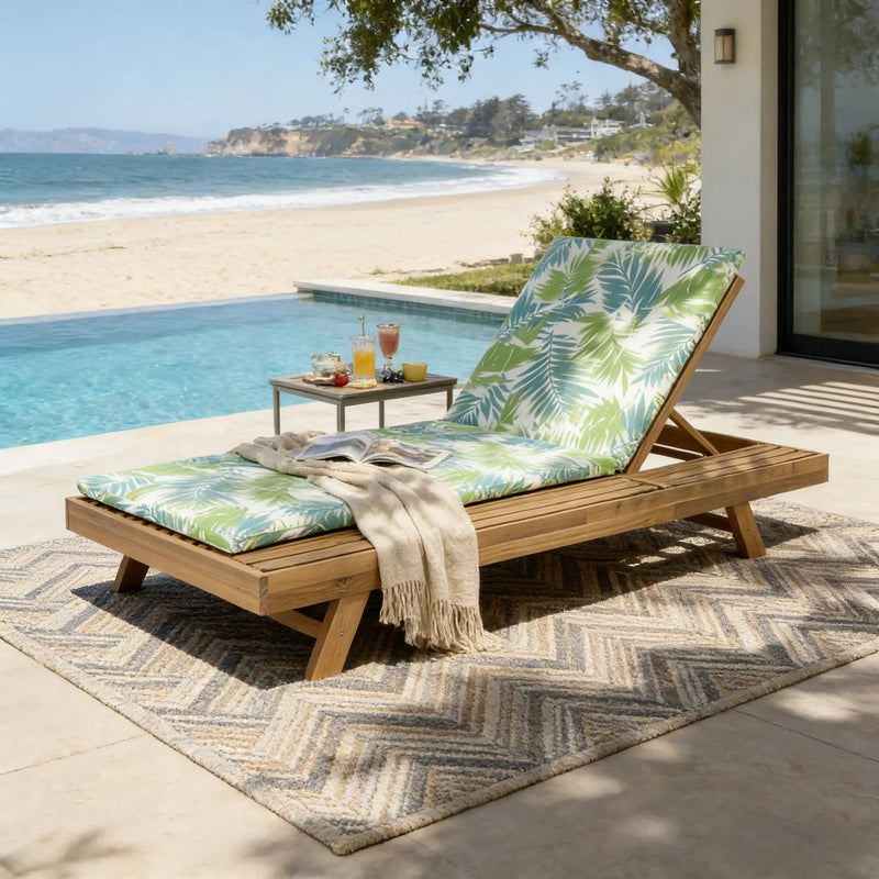 Lounge Chaise Set, Space Available On One Side, Acacia Wood In light brown With Water-Resistant Lounge Cushions (Leaf Coconut & 2 Inch Thick) – Matching Cream/Dark Grey Version Available by HouseOfZazla