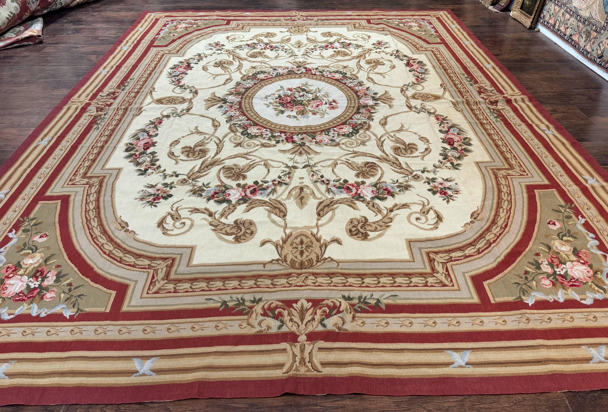 Aubusson Needlepoint Rug 9x11, Handmade Vintage Wool Flatweave Carpet, Elegant European Rug, Floral, Cream by Jewel Rugs