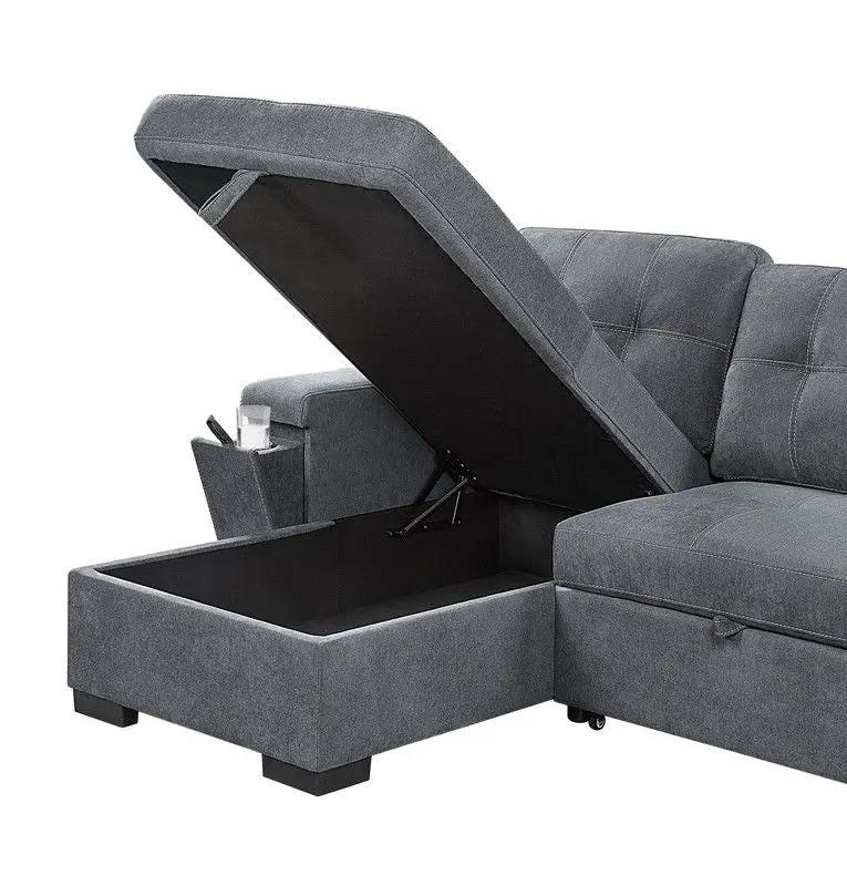 Toby - Woven Fabric Reversible Sleeper Sectional Sofa With Storage Chaise Cup Holder Charging Ports And Pockets by HouseOfZazla