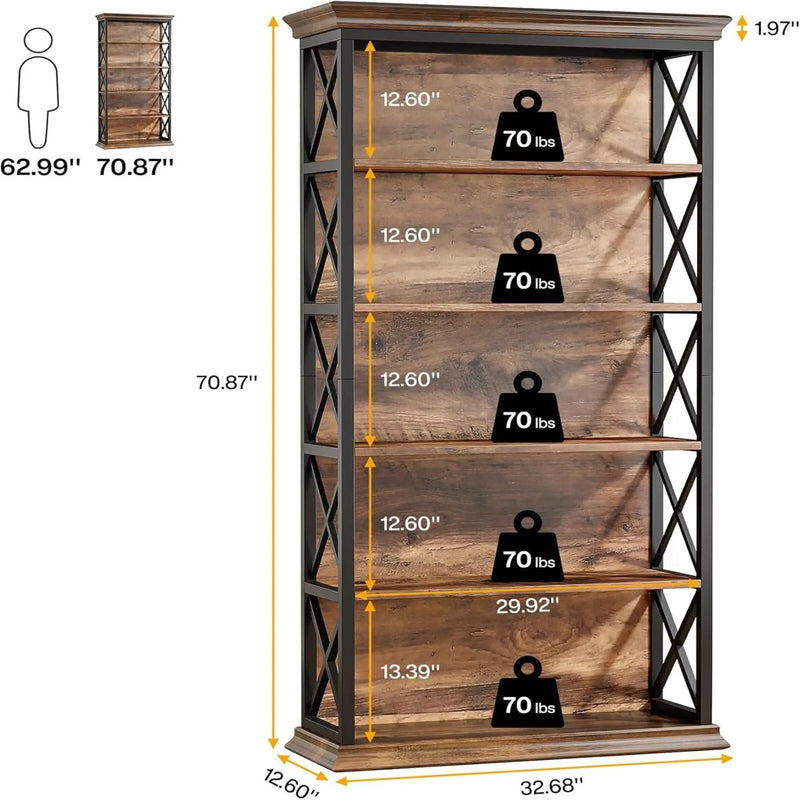 6 Tier Industrial Brown & Bookshelf With X Pattern Design - Rustic Brown by HouseOfZazla